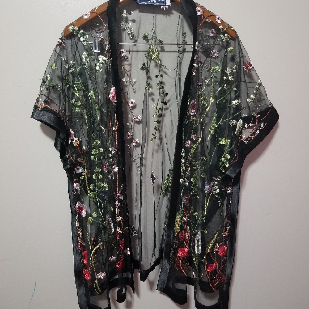Black embroidered kimono